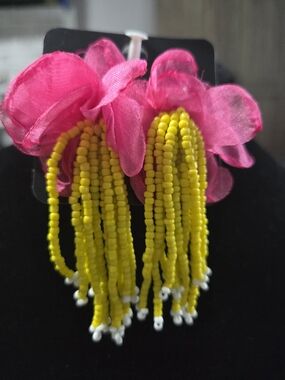 #162 paparazzi Hot Pink Flower with Yellow Beaded Tassel Earrings